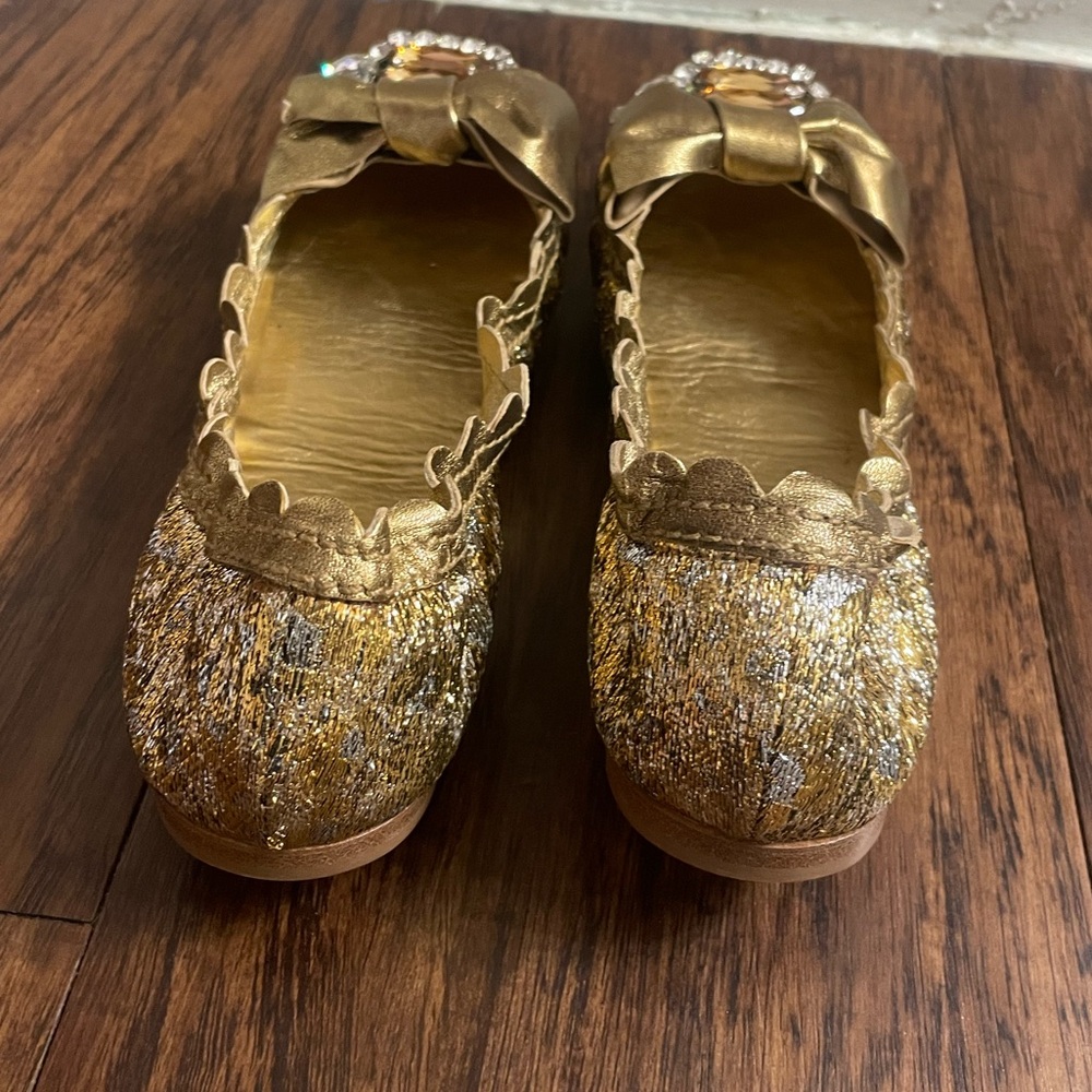 Miu Miu Metallic Gold Jeweled Bow Flats - Picture 3 of 6